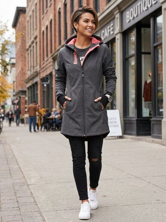Bench Jackets & Blazers - BENCH Charcoal Grey Hooded Softshell Jacket Pink Lining Size Medium